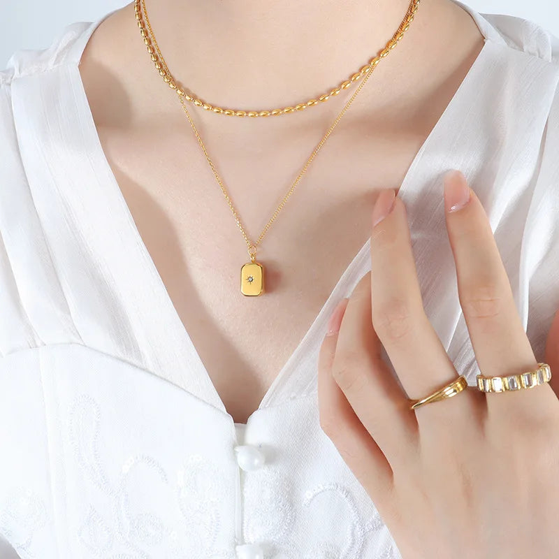 2023 New Design Stainless Steel Double Bead Chain Necklace Geometric Square Zircon Pendant Necklace