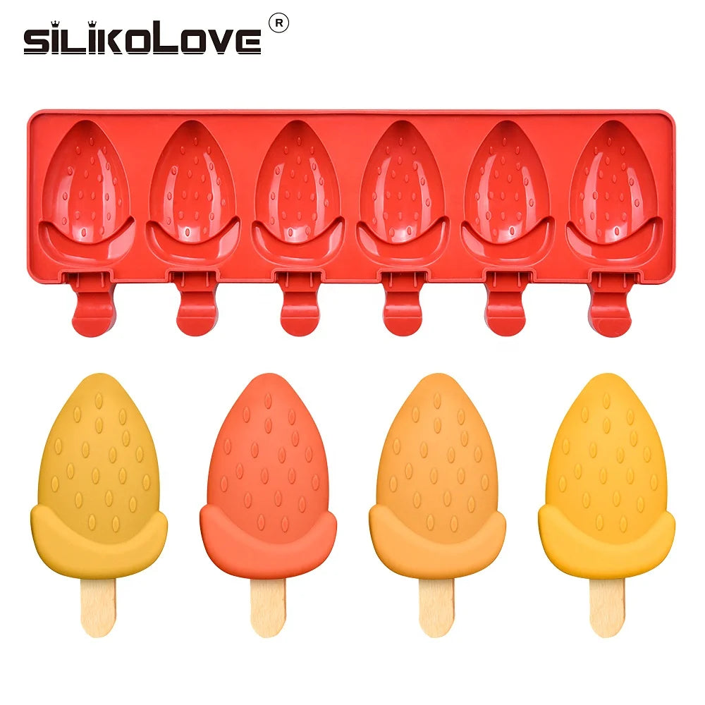 NEW 6 Grids Strawberry Shape Ice Cream Mold Silicone Maker with Popsicle Candy bar Form BPA Free Fruit Ice Lolly Tray Moulds