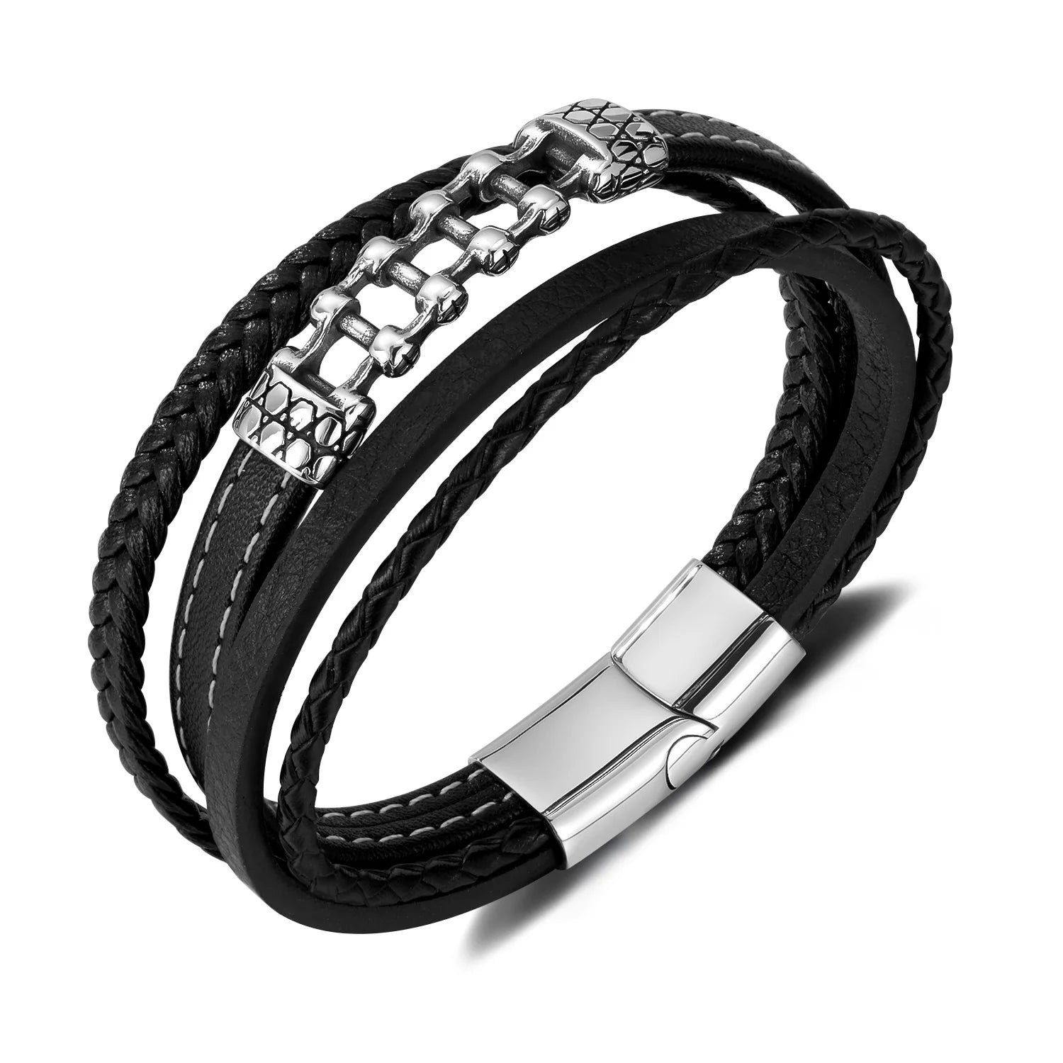 Custom Jewelry Best Men Multilayered Hand Braided Black Rope Leather Wrap Bracelet Stainless Steel Biker Chain Jewelry Gift