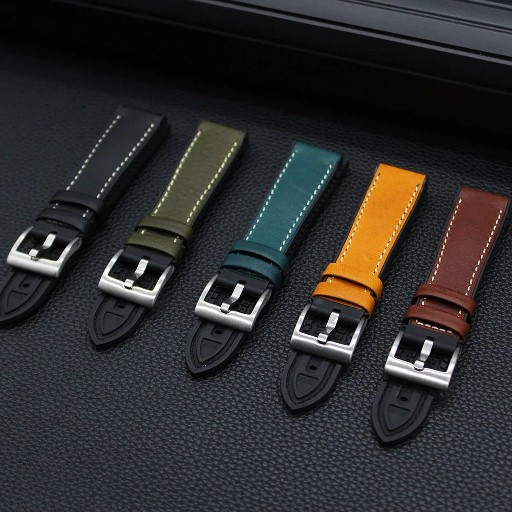 Luxury Vintage Italian Leather+FKM Rubber Hybrid Watch Strap Top Grain Leather Rubber Wrist Strap Custom Engrave Logo