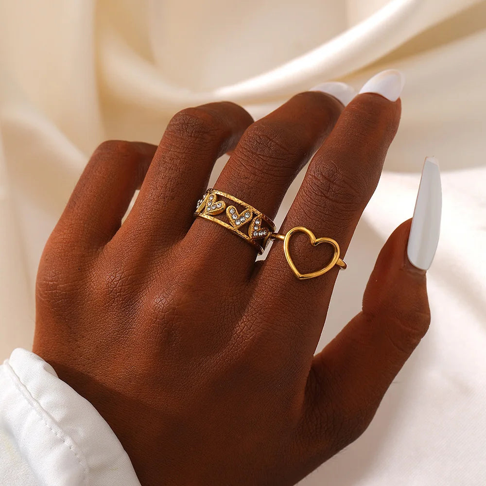 2025 Fashion 18k Gold Plated Stainless Steel Zircon Rings Adjustable Open Rings Heart Rings Waterproof Jewelry  for Women