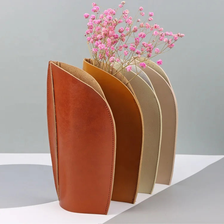 Modern Home Decor Wholesale Custom Blank Genuine Leather Wrapped Flower Vase