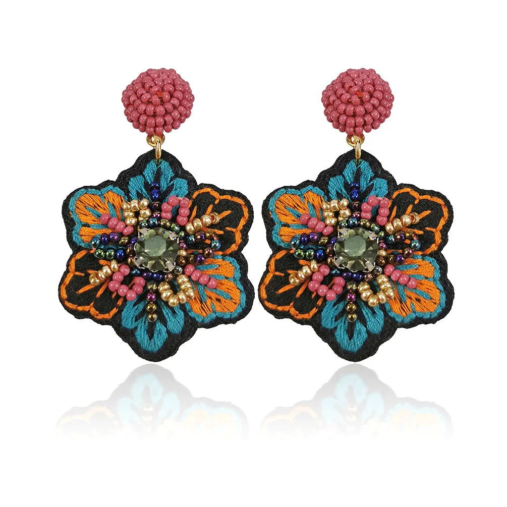 Hot Selling Embroidery Flower Earrings Colorful  Ethnic Jewelry  Flower Beaded Drop Earrings Orecchini