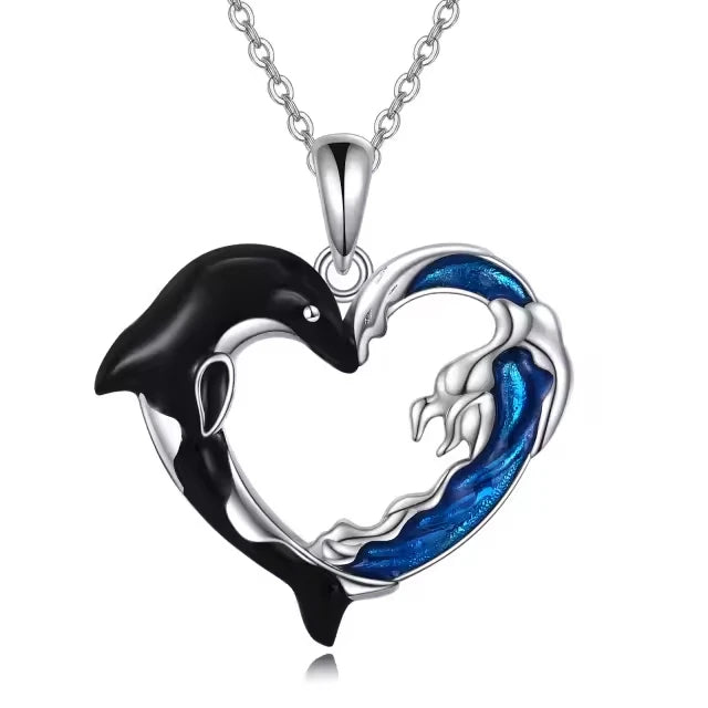 Factory Sale 925 Sterling Silver Enamel Sea Wave Whale Heart Shape Pendant Necklace