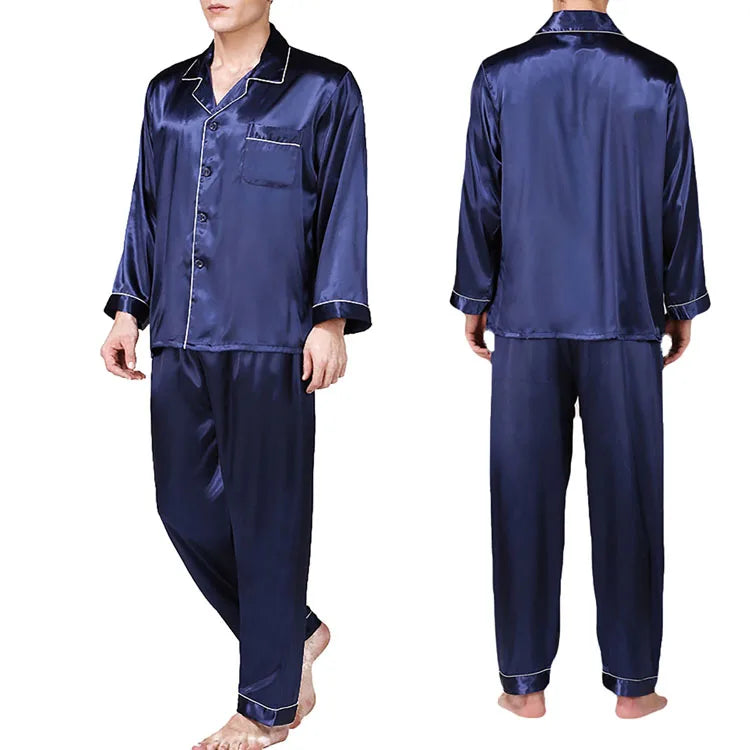 Mens Silk Satin Pajama Sets Long Sleeve Button Down Pajama Set with Pocket Custom Sleepwear Silk Pajama Set
