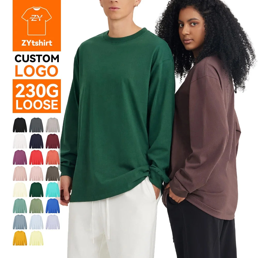 ZYtshirt Wholesale Custom Logo Printed 230GSM 100% Cotton Loose Fit Long Sleeve T-Shirt Anti-Wrinkle Unisex Casual
