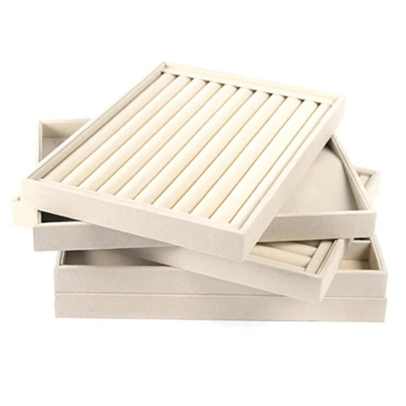 Hot Sale Beige Velvet Jewelry Tray Decoration Storage Organizer Box Necklace Earring Ring Pendant Cream Jewelry Tray
