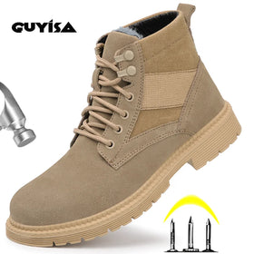 GUYISA for Winter Canvas Low Cut Steel Toe Safety Boots Brown Warmer Breathable Wear Resistant Work for Unisex