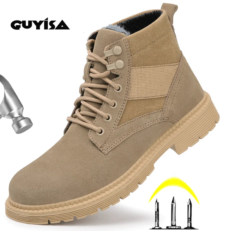 GUYISA for Winter Canvas Low Cut Steel Toe Safety Boots Brown Warmer Breathable Wear Resistant Work for Unisex
