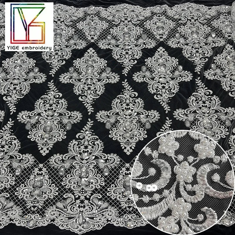 2023 New Pure White Bridal Net Lace French 3D Flower Tulle Shiny Sequins Beaded Fabric African Wedding Dress Fabric