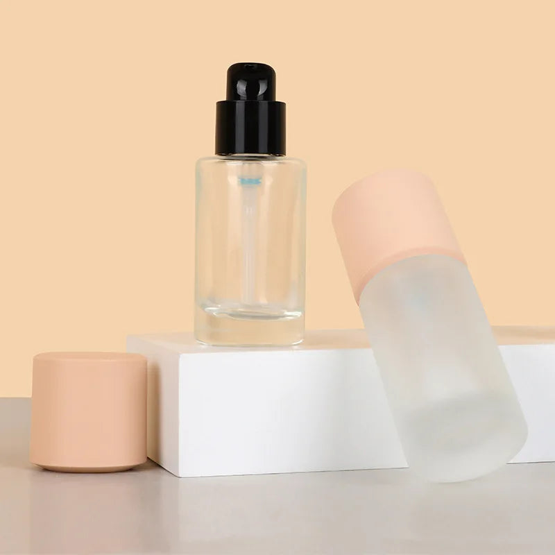 New 30ml Round Foundation Glass Bottles Pump Head Press Serum Bottles Frosted Lotion Cosmetic Bottles