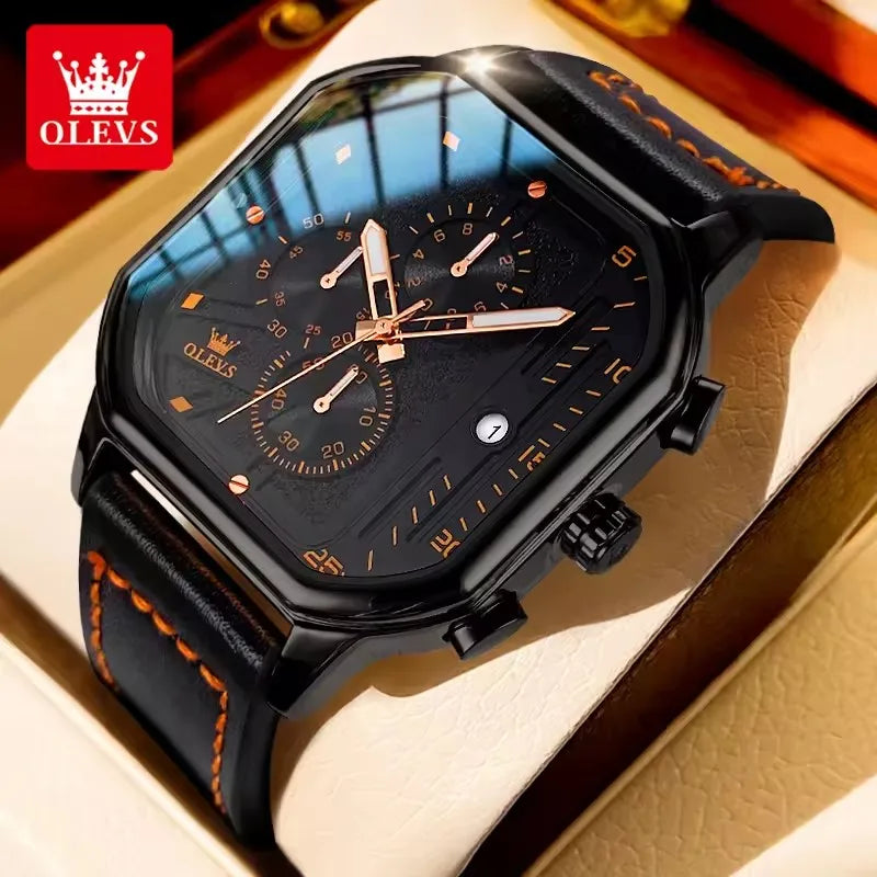 OLEVS 9950 Quartz Watch Square Men Wristwatch Fashion Genuine Leather Strap Waterproof Watches for Men Luminous Calendar Clock