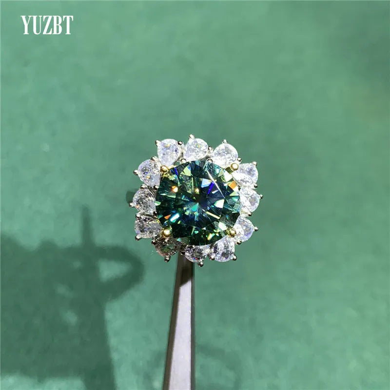 Silver 925 Original 5 Carat 11mm Round Brilliant Cut Diamond Test Past Blue Green Moissanite Snowflake Wedding Ring Fine Jewelry