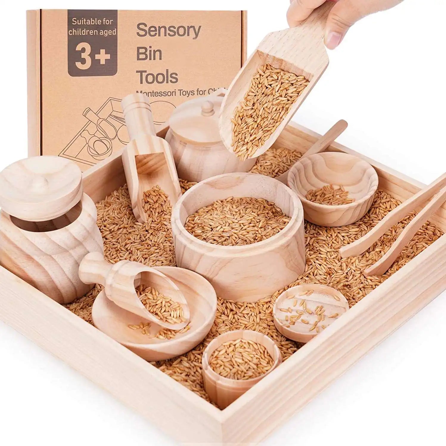 New Arrival 2026  Wood Sensory Bin Tools with Wooden Box Montessori Educational Kitchen Toys for Toddlers Kids