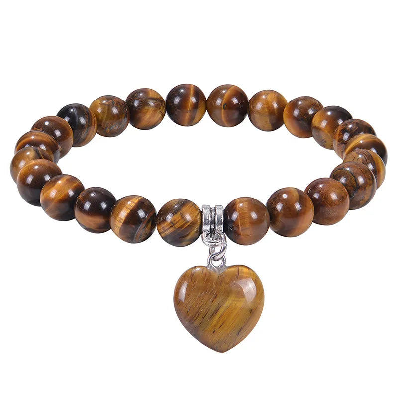 Dainty Tiger Eye Beaded Bracelet for Women Jewelry Healing Crystal Love Heart Charm Dangle Handmade Round Beaded Stone Bracelet