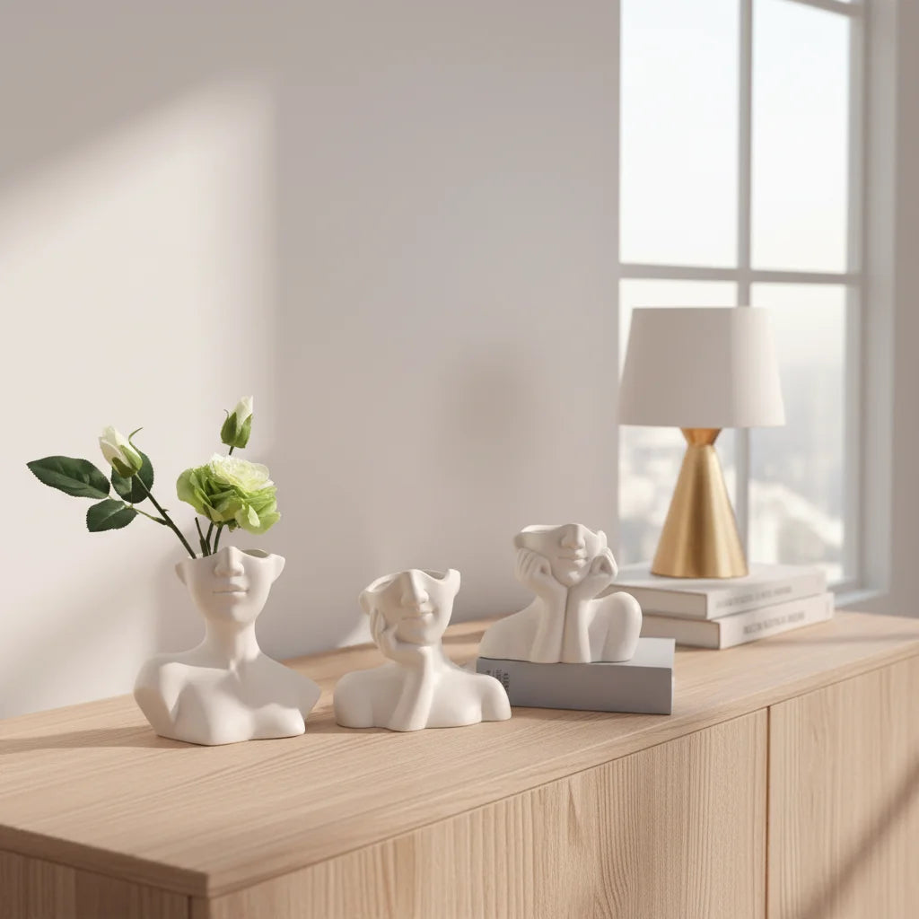 Modern Home Decor Face Vase for Flowers White Ceramic Body Vase for Living Room Decoration