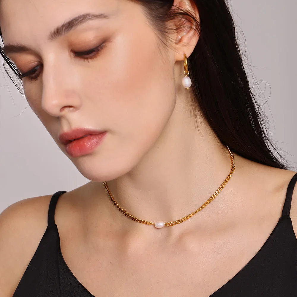 Waterproof Jewellery 18K Gold Plated Stainless Steel Natural Stone Pearl Necklace Earring Set for Women