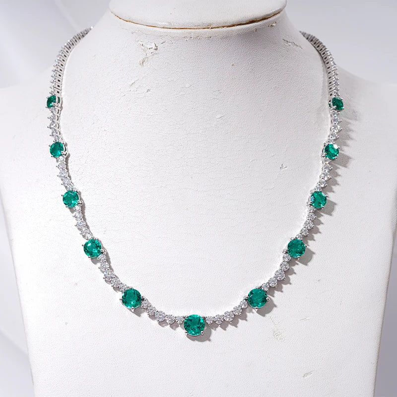 Green Emerald Chain Necklace Lab Created Emerald Gemstone with DFE Moissanite 14K Solid Gold Necklace