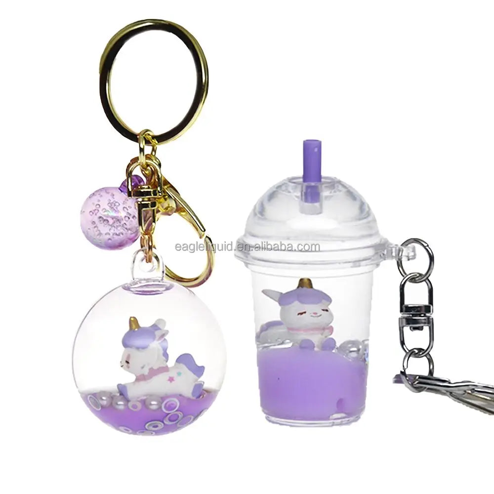 Factory Direct Custom Printed Acrylic Round Ball Shaking Charm Keychain Unicorn Floating Creative Liquid Acrylic KeyChain