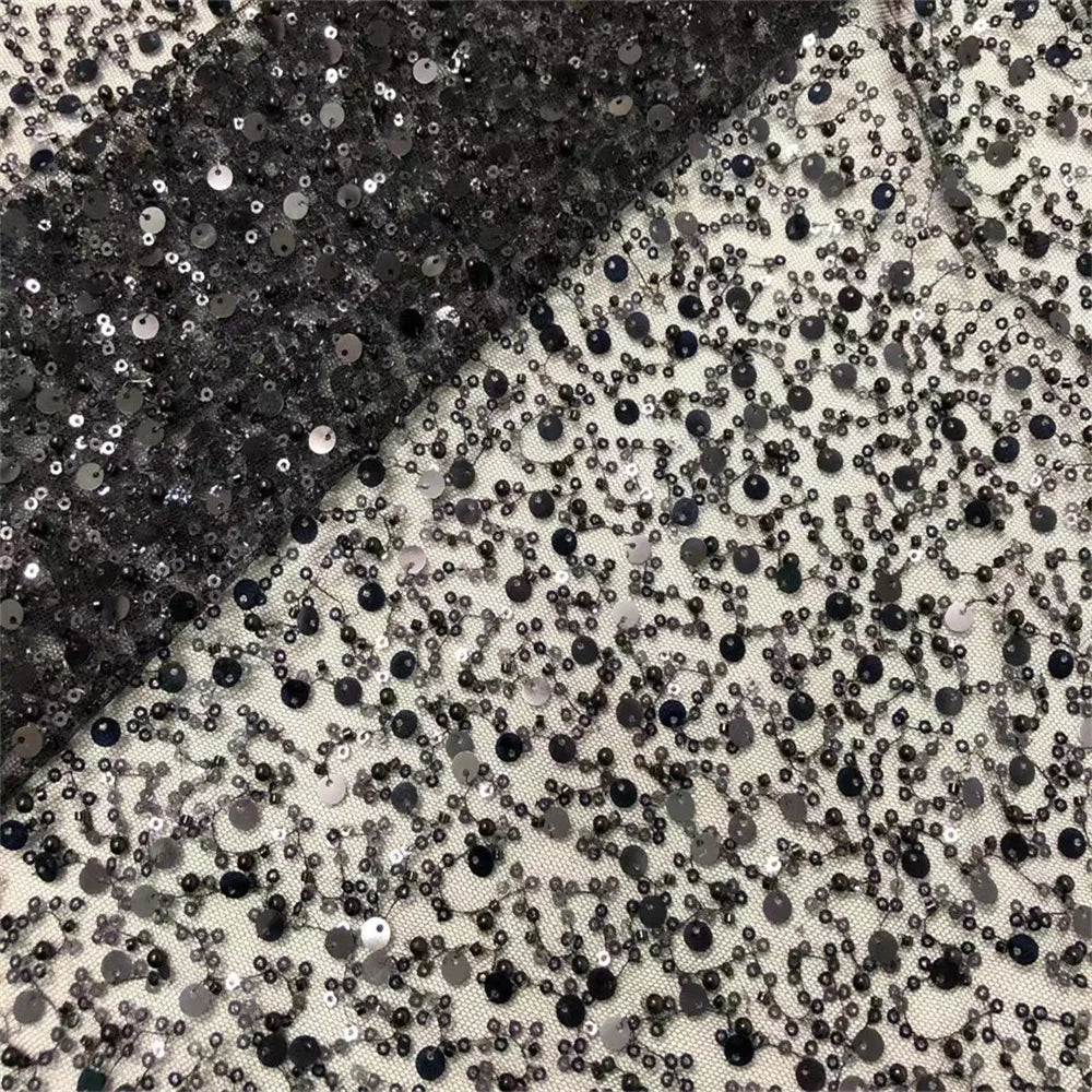 Luxury Black Beaded Embroidery Lace Fabric Sequin Mesh Bridal Evening Dress Bulk & Sample