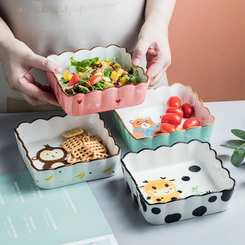 500ML INS Ceramic Fruit Salad Bowl Cute Breakfast Sweet Oatmeal Cheese Baked Rice Bowl for Children Home Restaurant Tableware