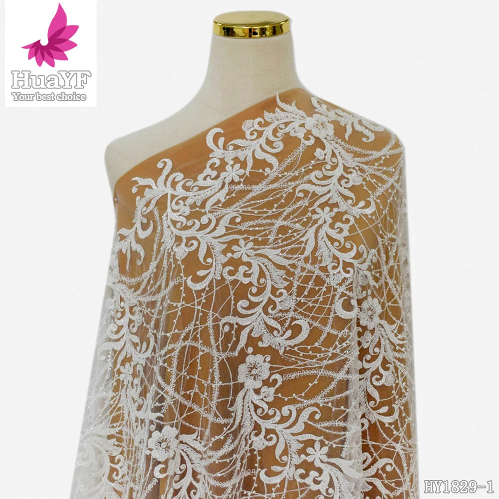 HY1829 Fashion Design White Bridal Lace With Beads Tulle Fabric for Wedding Gowns Collection Lace Fabric