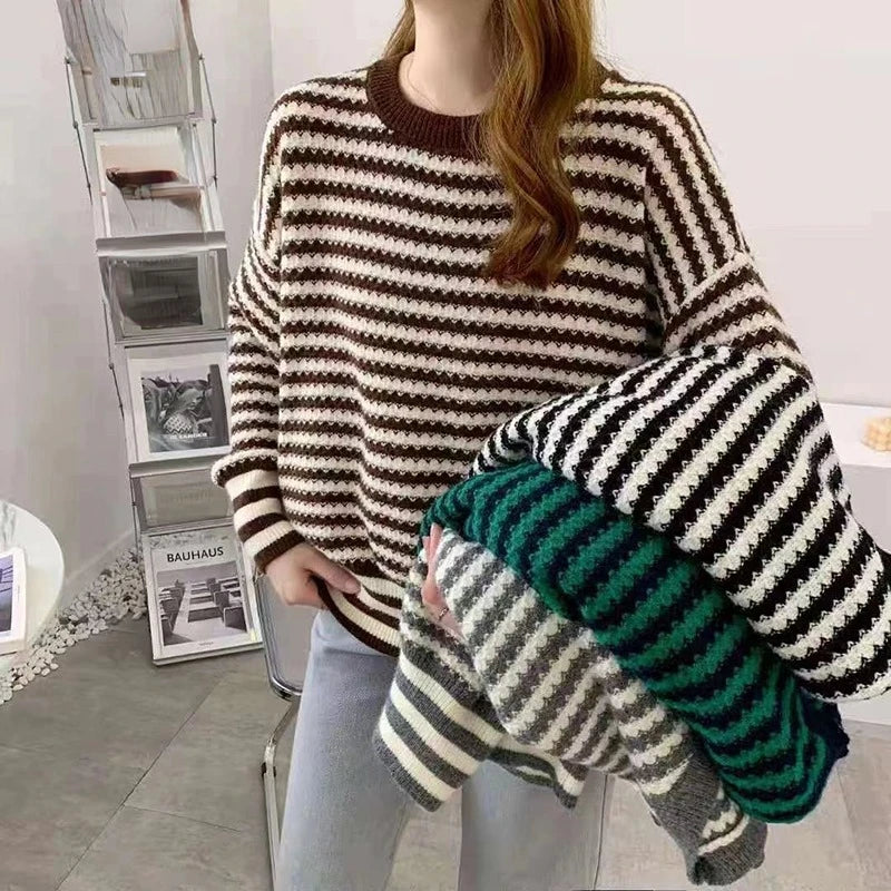6713# Autumn Winter Long Sleeve Striped Pullover Women Sweater Knitted Sweaters O-Neck Tops Korean Pull Femme Jumper Female