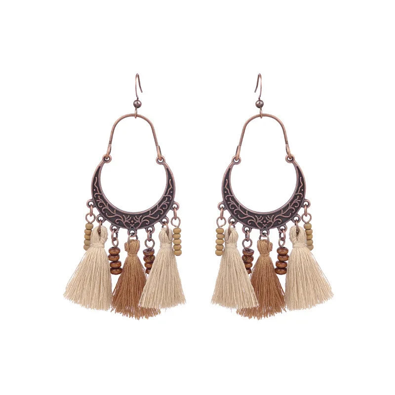 HOVANCI Handmade Women's Fashion Vintage Geometric Wooden Earrings Hollow Circle Design with Tassel Drop Earrings
