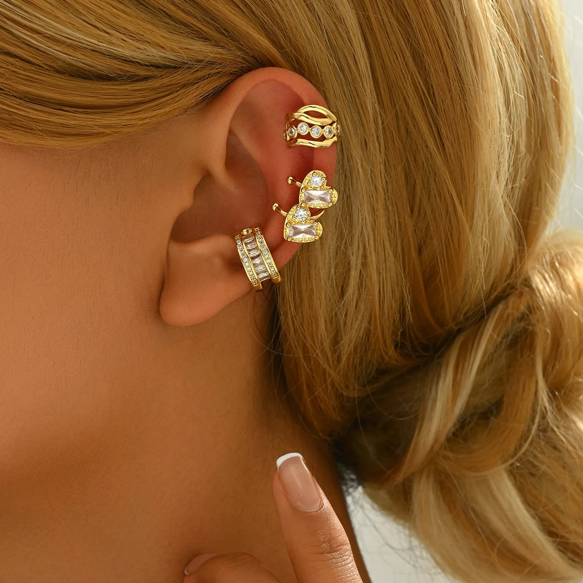 Wholesale New Fashion Women's Trendy Statement Clip-On Earrings Set with Heart Geometric Zirconia Brass Jewelry Gift