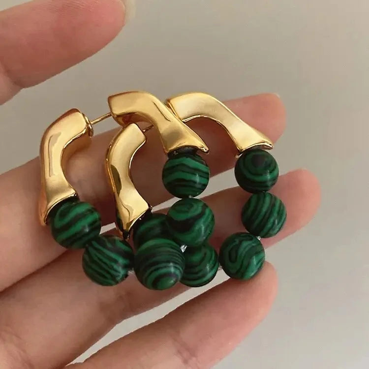 French Designer Simple Handmade Green Bead Sterling Silver Huggie Earrings Fashion Unique Irregular Gold for Women
