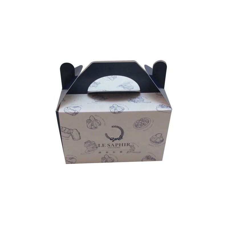 Custom Recyclable Square Art Paper Cake Packaging Box with Handle for Bakery Sweet Food for Bread Matt Lamination