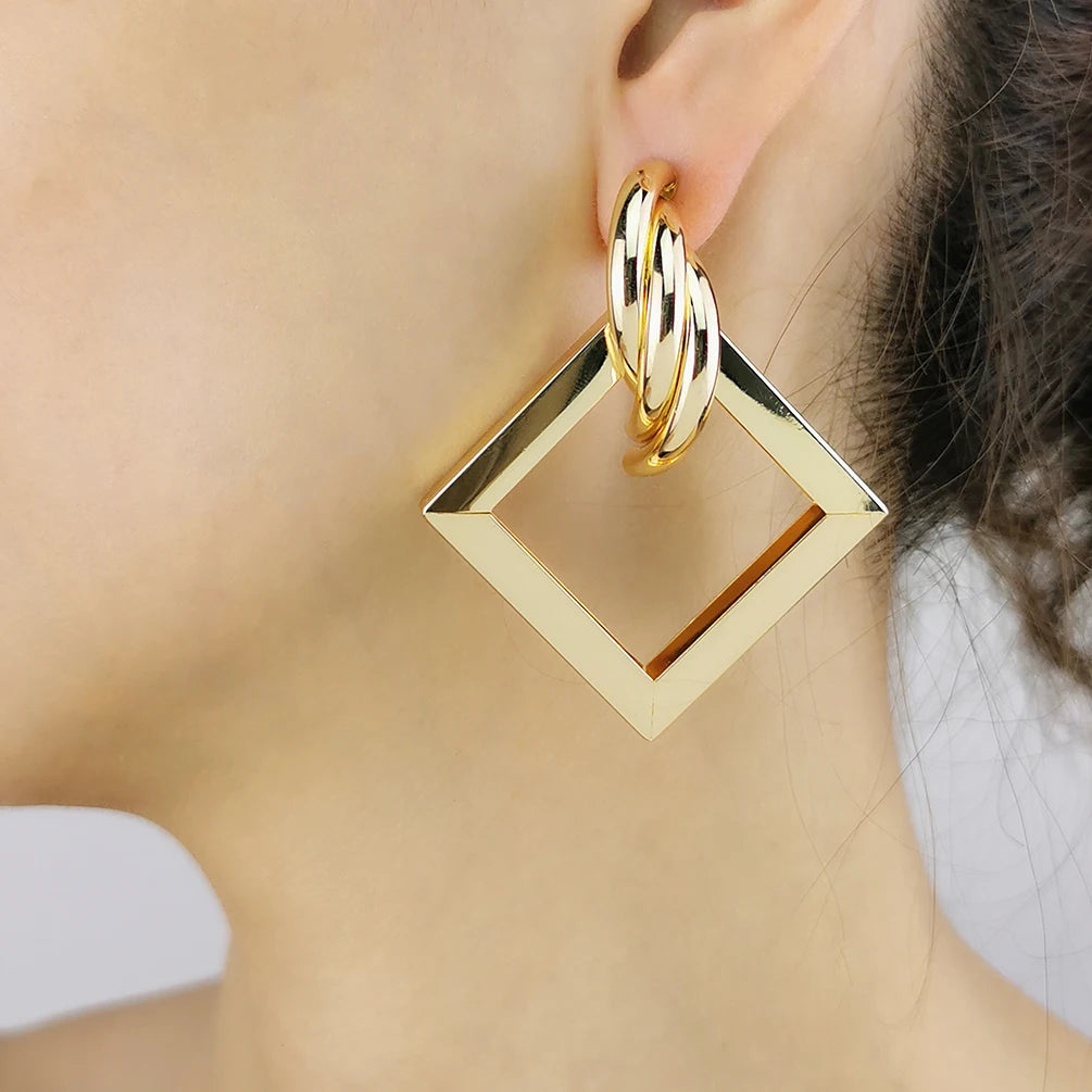 New Newest Bohemian Jewelry Geometric Statement Earrings for Women Twining Rectangle Hoop Stud Earrings