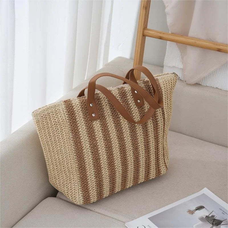 Women's Large-Capacity Summer Straw Tote Bag Lightweight Contrast Stripes Beach Casual Woven Shoulder