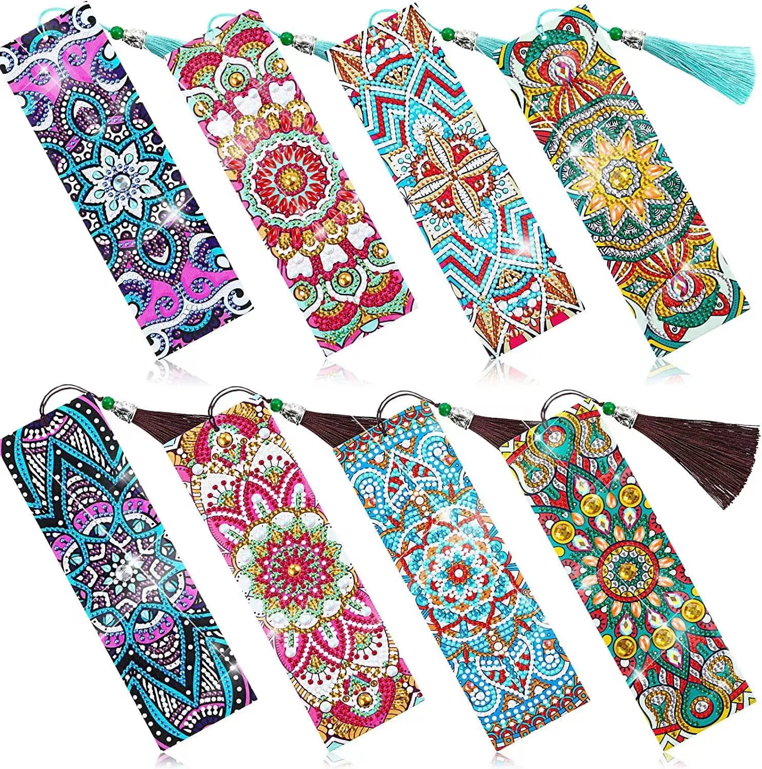 R-FQY034-047 2pcs Handmade Leather Mandala Design Bookmarks with Tassel Diamond Painting Promotional Bookmarks