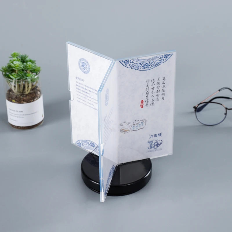 Rotating Clear Acrylic Desktop Display Stand 6 Sided Menu Holder Table Sign Holder for AD Promotion for Supermarket Supplies