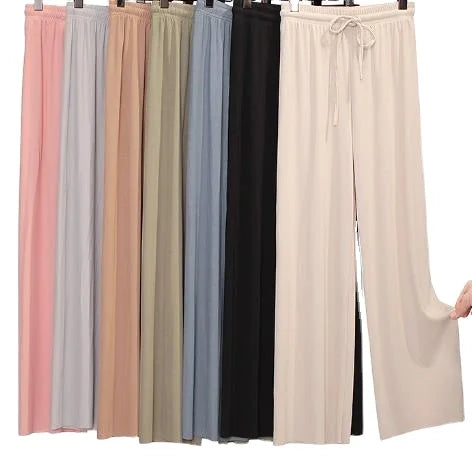 2023 Spring and Summer Women's High Waist Long Ice Silk Solid Ninth Pants Straight Wide Leg Trousers Ladies Casual Loose Pants
