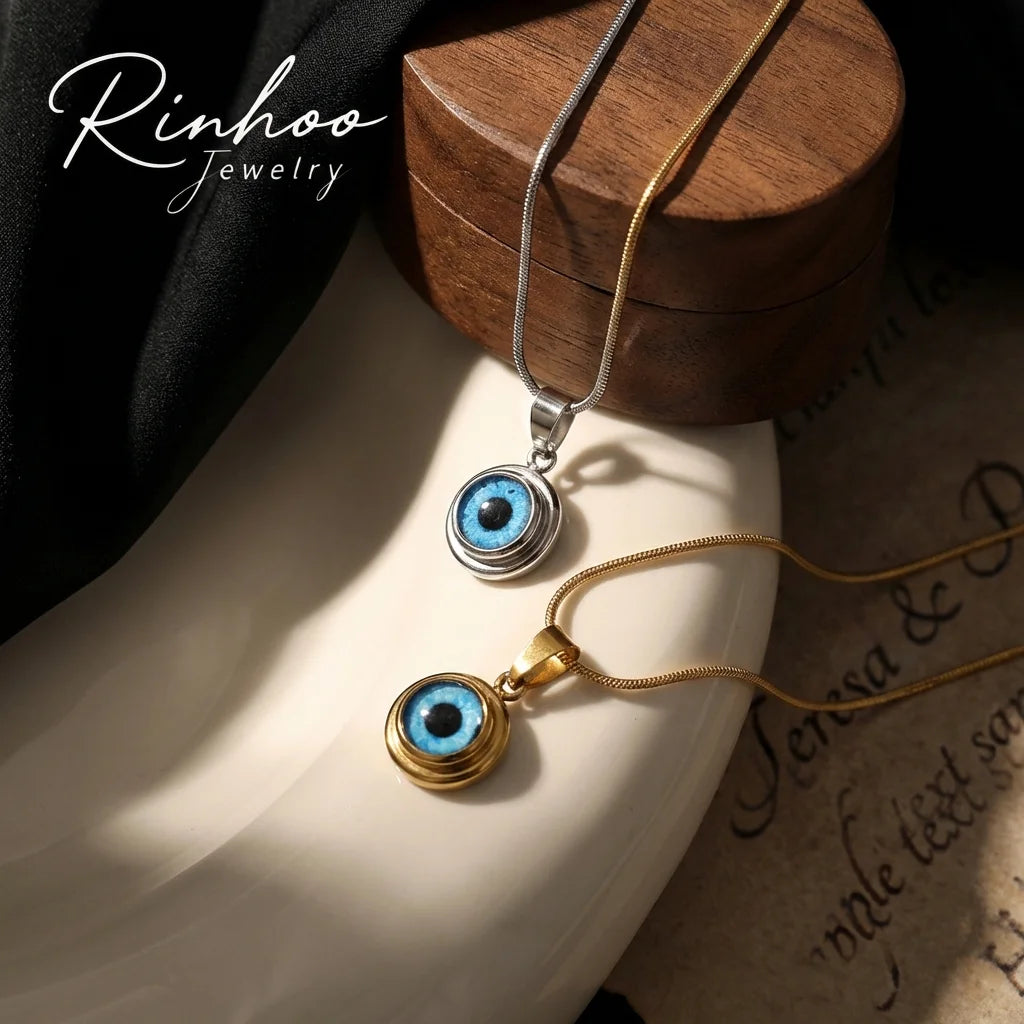 RINHOO 316L Stainless Steel 18k PVD Plated Gold Plated Evil Blue Eye Pendant Necklace Women Blue Eye Snake Clavicle Chain Gift