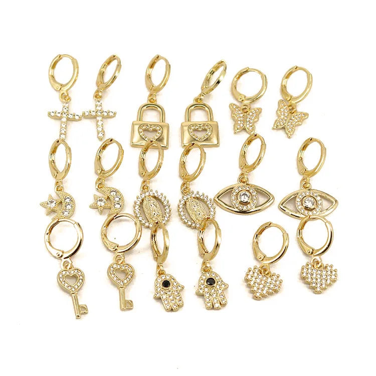 EC1684 2021 Chic Dainty Minimal Cubic Zirconia CZ Micro Pave Butterfly Mary Cross Evil Eyes Dangle Charm Huggie Hoop Earrings
