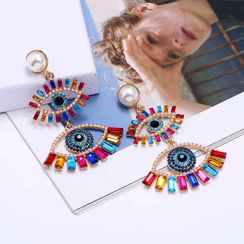 Top Quality Vintage Boho Bohemian Crystal Rhinestone Bead Tassel Devil Eyes Earrings for Women ZA Eye Pendants Jewelry Charms