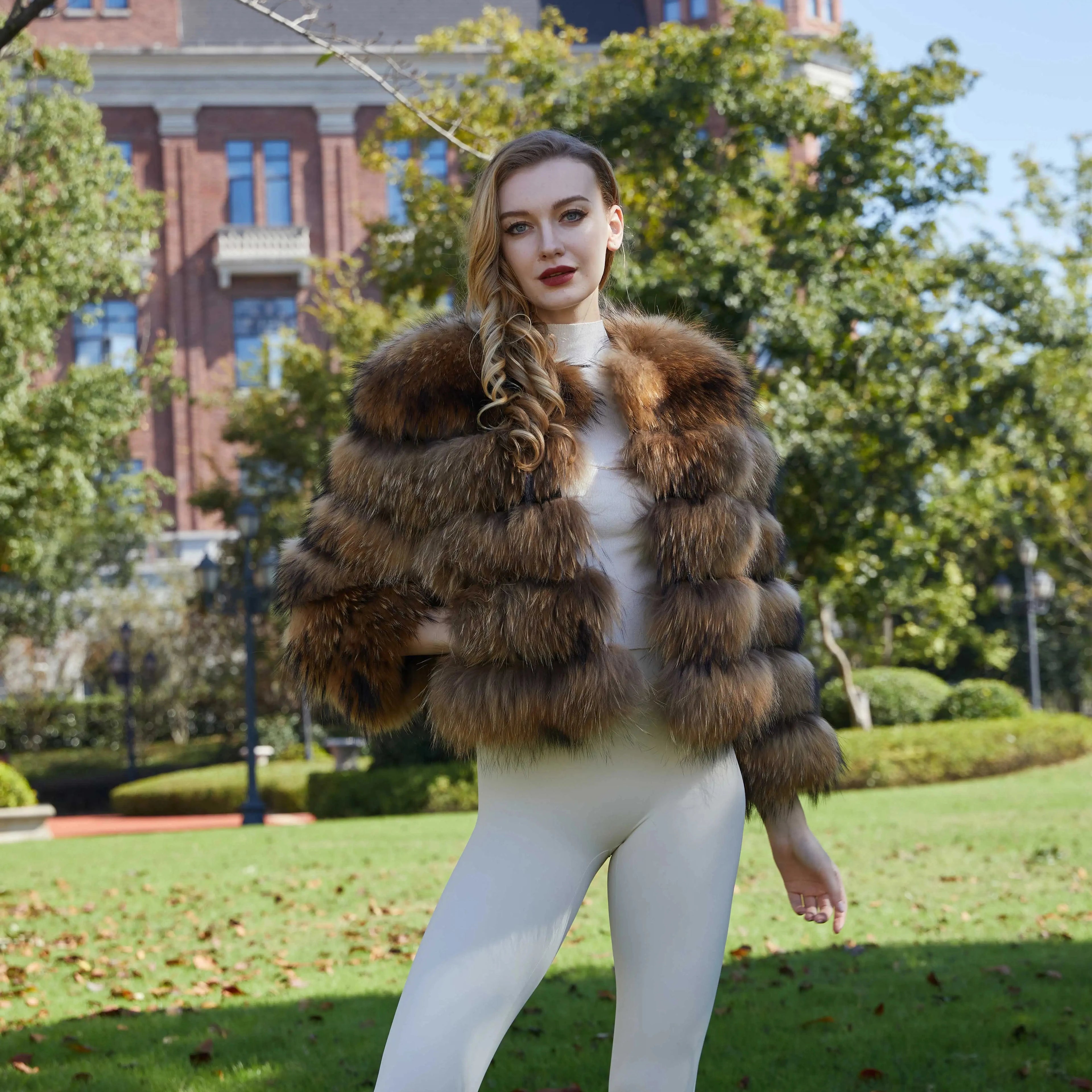 Janefur Thick Fluffy Raccoon Fur Jacket Outwear Women Winter Warm Racoon Fur Coat