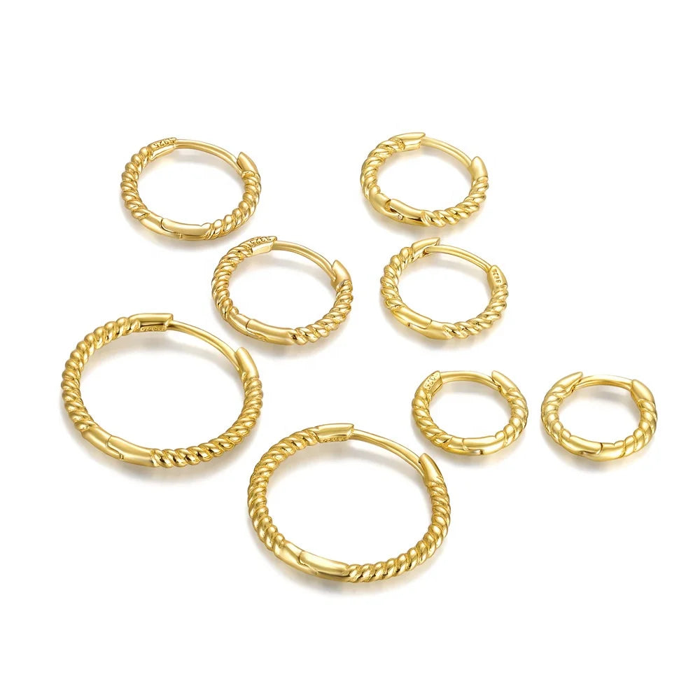 EH1558 Fashion Twist Hoop Earring Gold Plated 925 Sterling Silver Multi Sizes Twisted Rope Huggie Hoop Earrings