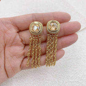 Daidan Brass Earring Studs Rhinestone Earrings Women Long Chain Long Tassel Square Fashion Drop Earrings