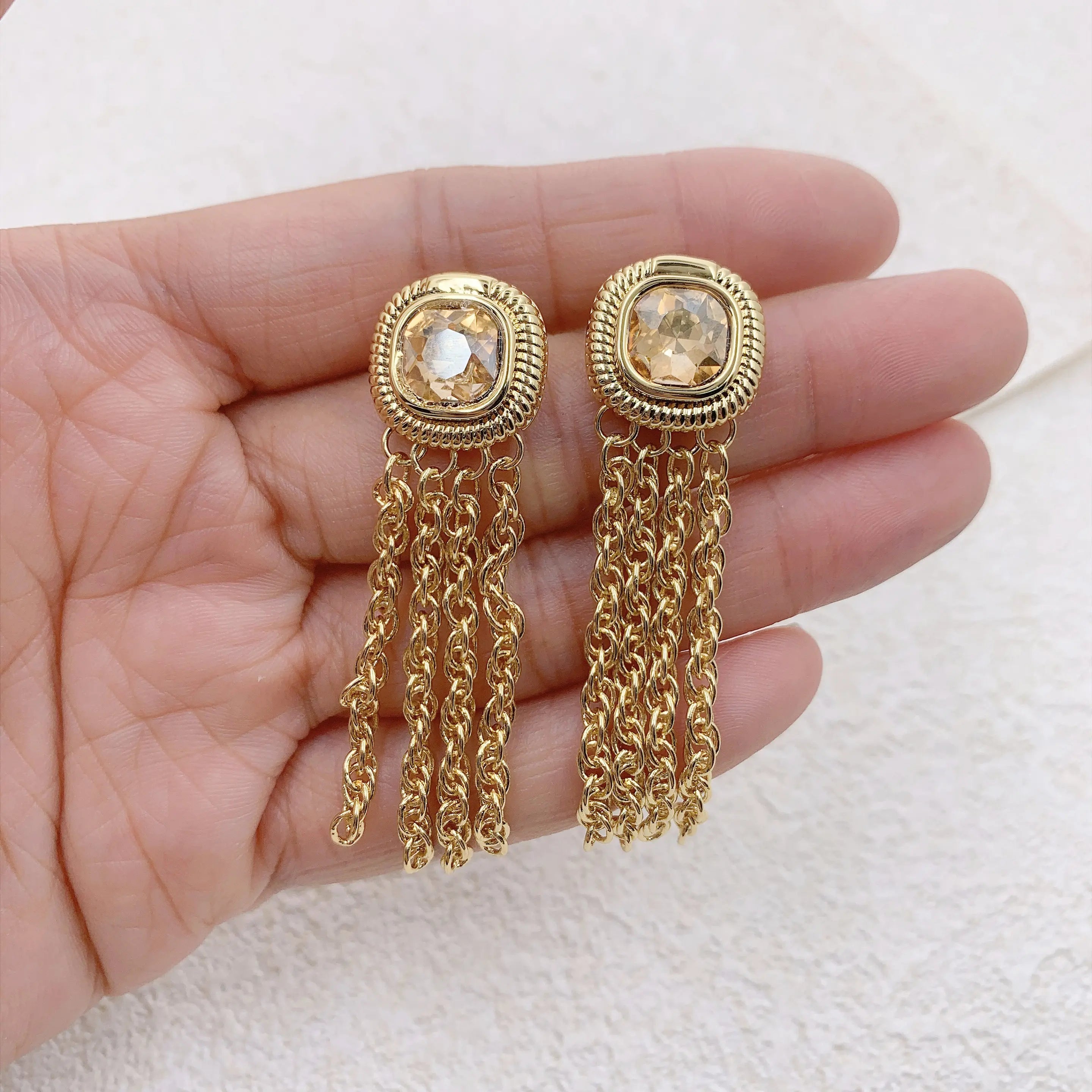 Daidan Brass Earring Studs Rhinestone Earrings Women Long Chain Long Tassel Square Fashion Drop Earrings