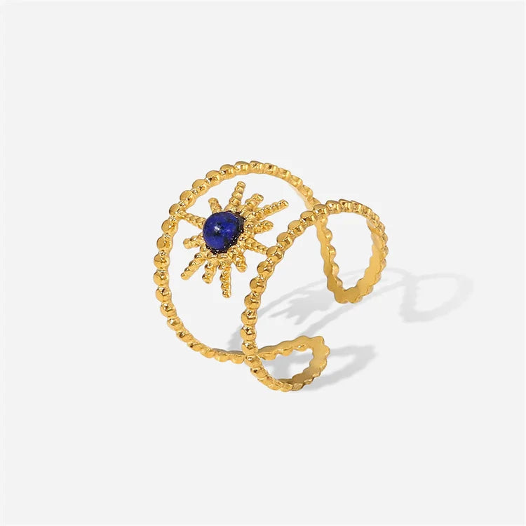 High Quality 18K Gold Plated Stainless Steel Bohemian Jewelry Sun Flower Blue Open Ring