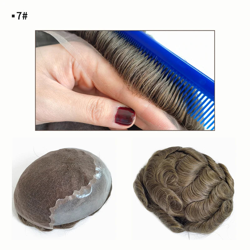 Q6 PU Thin Skin Fine Swiss Lace Base Natural Human Hair Men Male Toupee With Front Bleached Knots