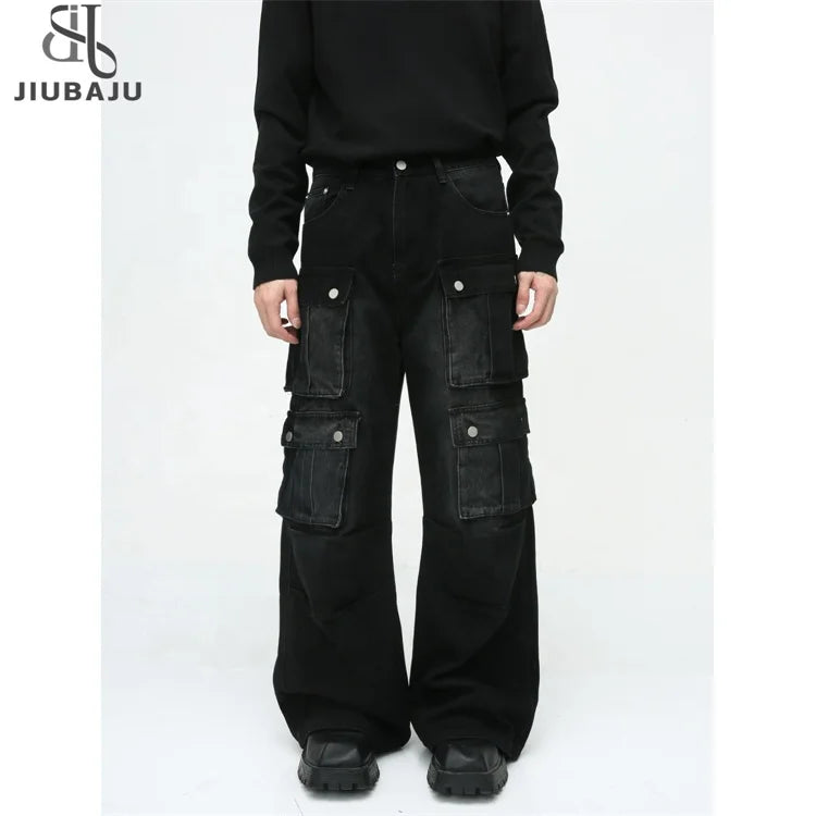 Autumn New Baggy Streetwear Trend Retro Men's Cargo Denim Pant Vintage Multi Pocket Niche Design Lose Wide Leg Jeans