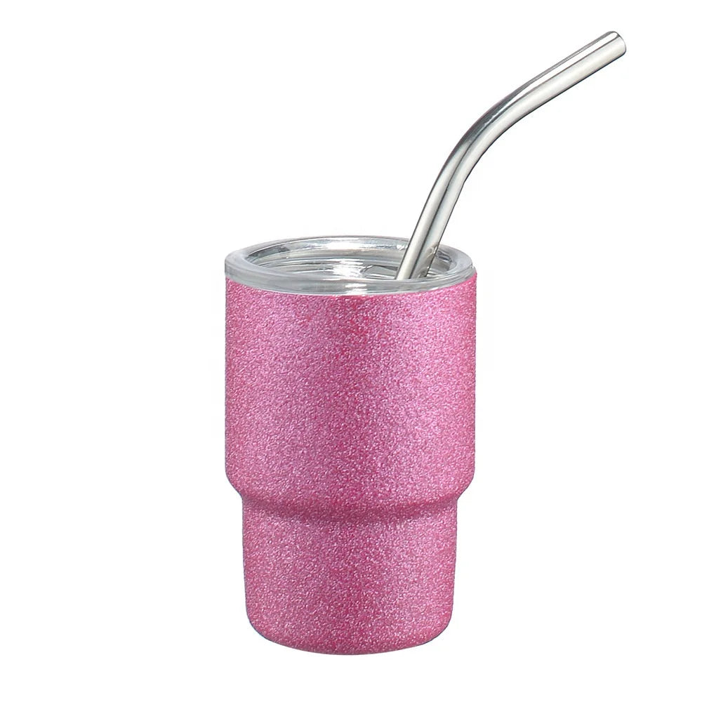 2oz Bling Demitasse Cup Diamond Shiny Stainless Steel Straw Mug Small Espresso Mini Shot Liqueur Glass Tumbler