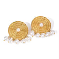 2025 Trendy Stylish Retro Stainless Steel Plated 18K Gold Geometric Pearl Tassel Disc Earrings