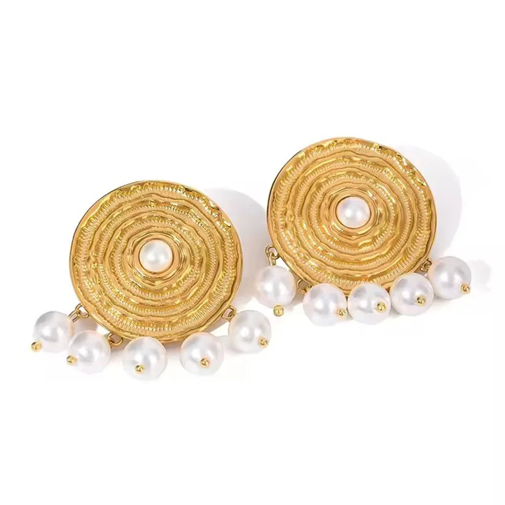 2025 Trendy Stylish Retro Stainless Steel Plated 18K Gold Geometric Pearl Tassel Disc Earrings