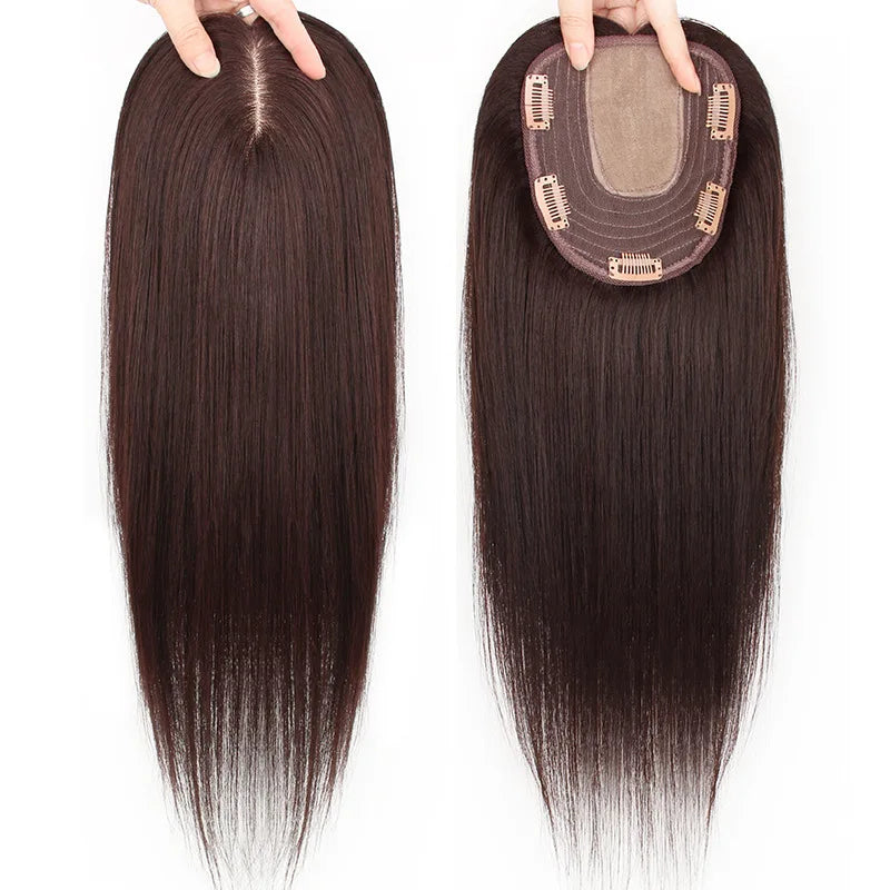5x6inch Breathable Ice Mesh Human Hair Topper 50cm Long Hair Toupee Clips in Hairpiece Natural